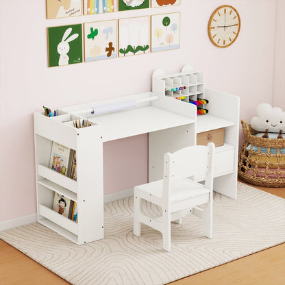 Kids Art Table and Chair Set with Detachable Paper Roll Holder and Cabinet