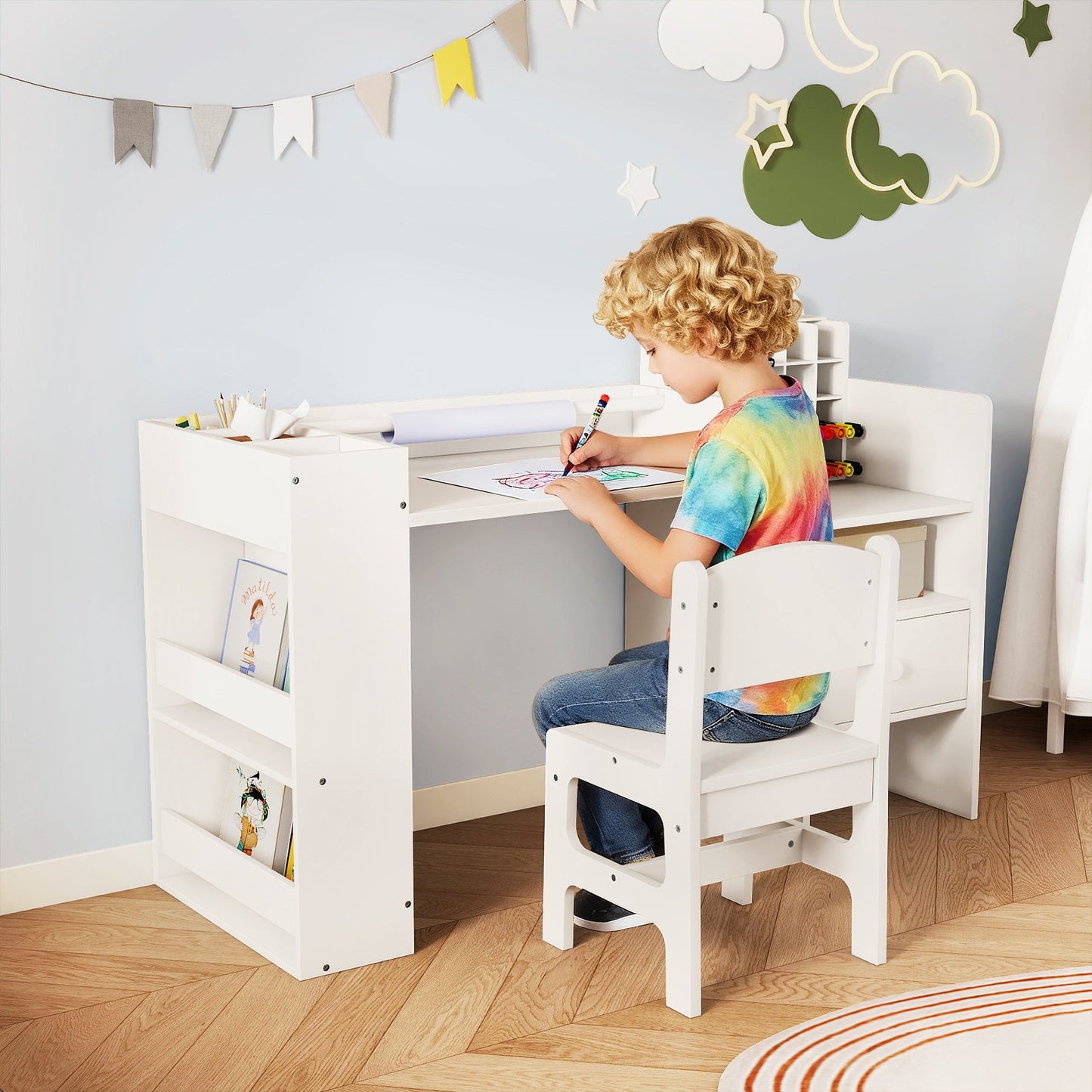 Kids Art Table and Chair Set with Detachable Paper Roll Holder and Cabinet