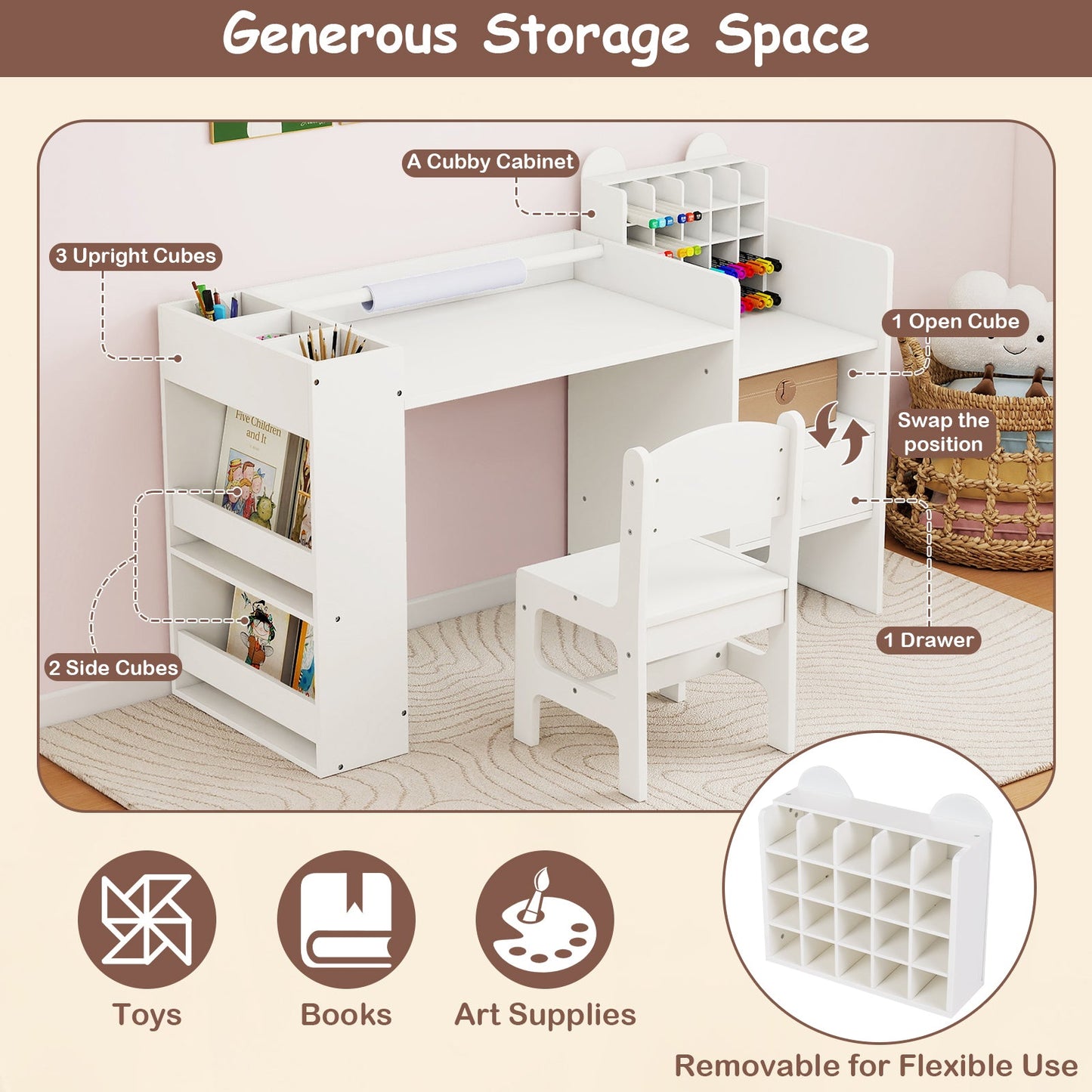 Kids Art Table and Chair Set with Detachable Paper Roll Holder and Cabinet