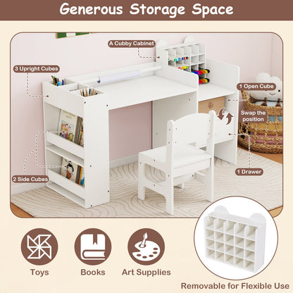 Kids Art Table and Chair Set with Detachable Paper Roll Holder and Cabinet