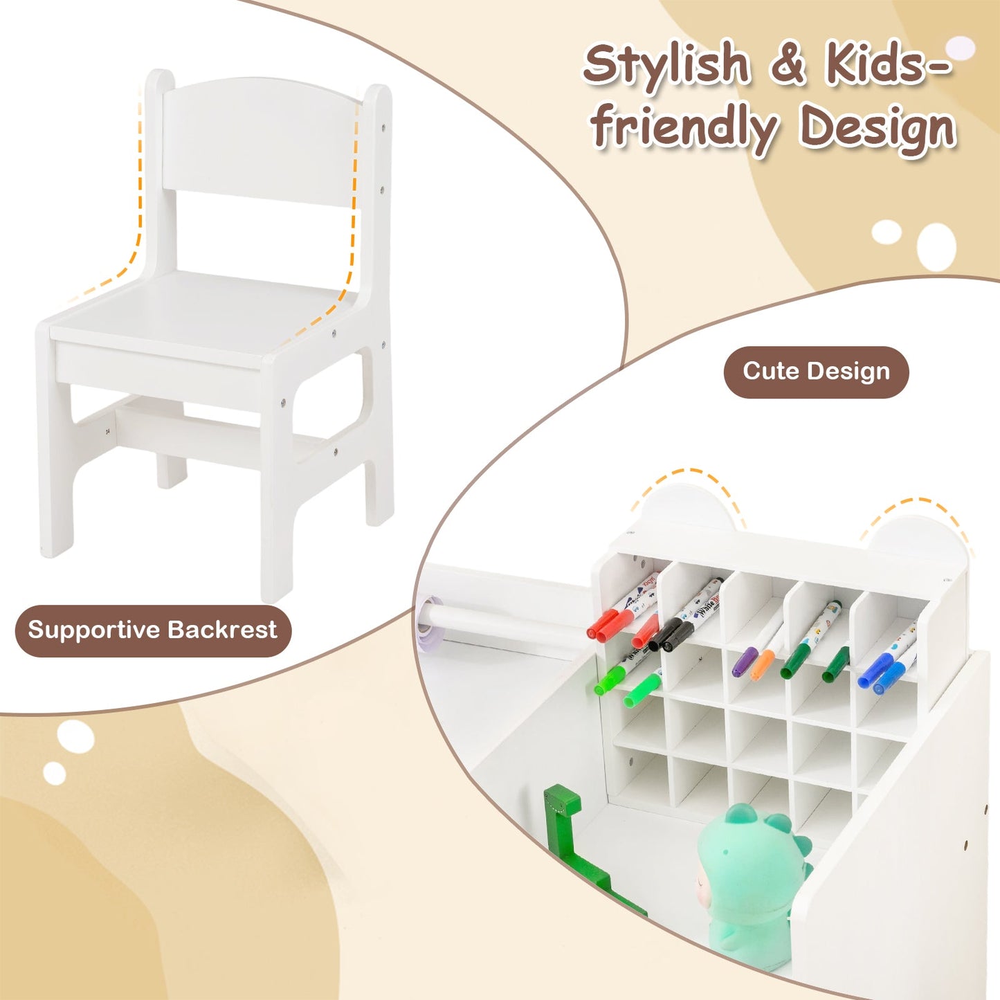 Kids Art Table and Chair Set with Detachable Paper Roll Holder and Cabinet