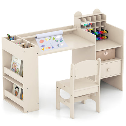 Kids Art Table and Chair Set with Detachable Paper Roll Holder and Cabinet