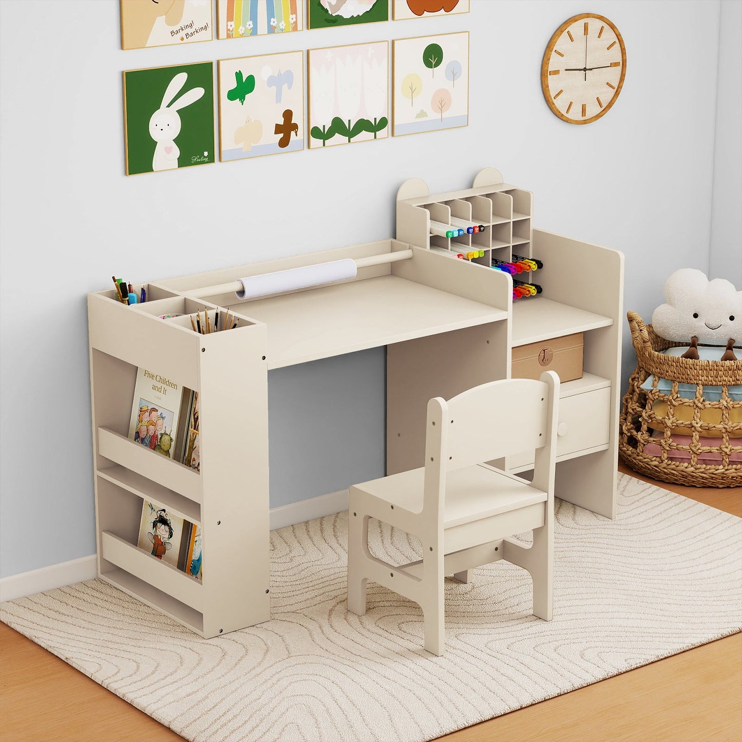 Kids Art Table and Chair Set with Detachable Paper Roll Holder and Cabinet
