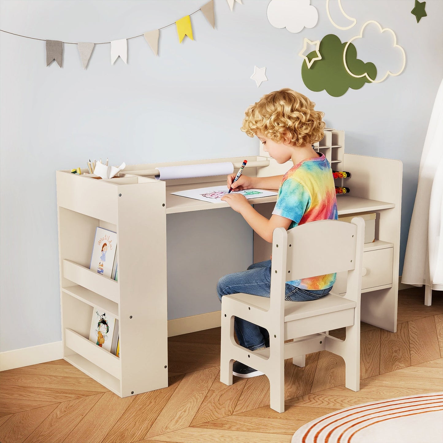 Kids Art Table and Chair Set with Detachable Paper Roll Holder and Cabinet