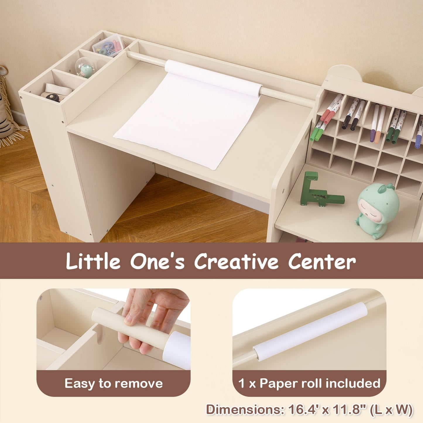 Kids Art Table and Chair Set with Detachable Paper Roll Holder and Cabinet