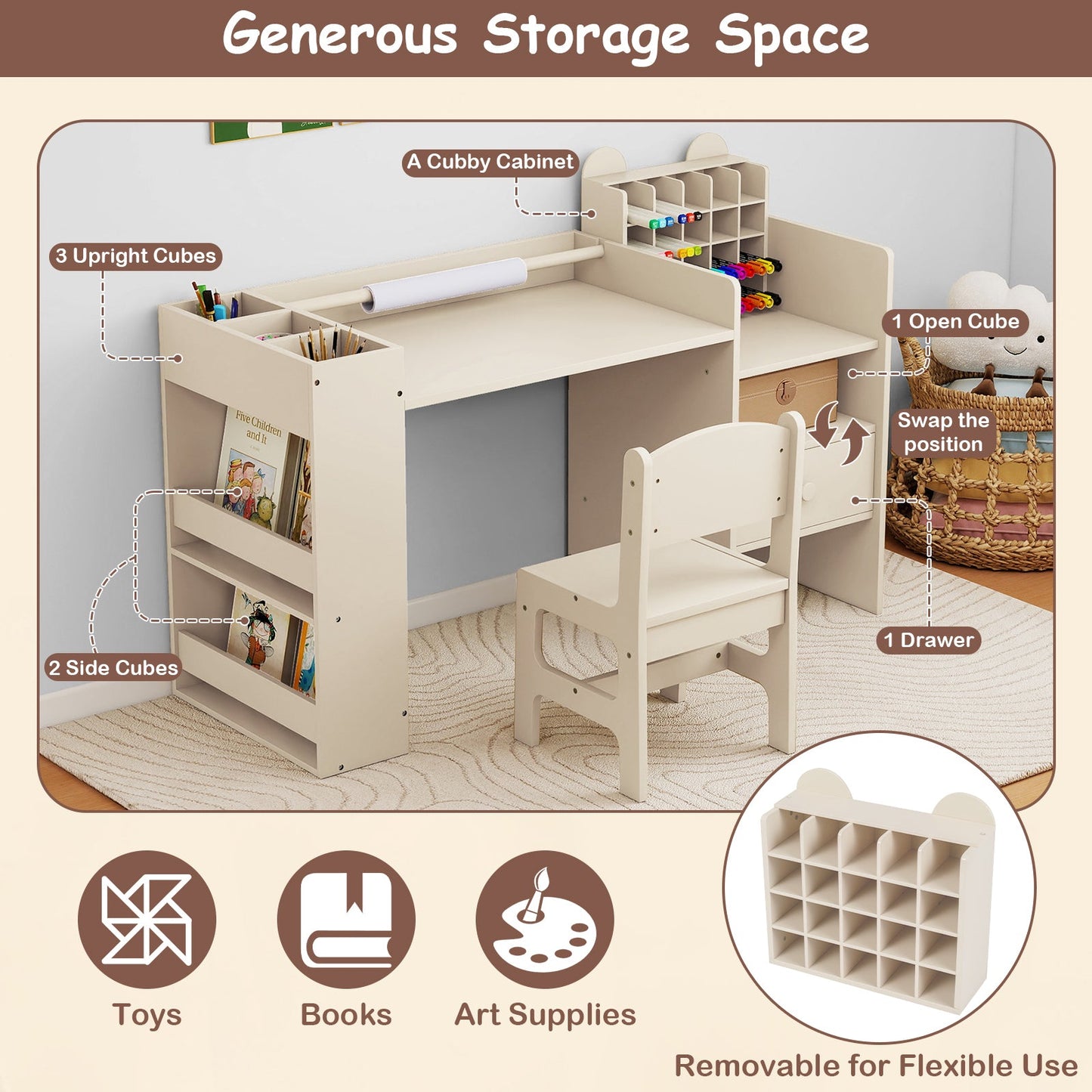 Kids Art Table and Chair Set with Detachable Paper Roll Holder and Cabinet