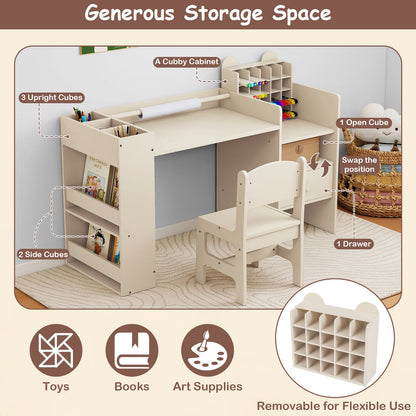 Kids Art Table and Chair Set with Detachable Paper Roll Holder and Cabinet