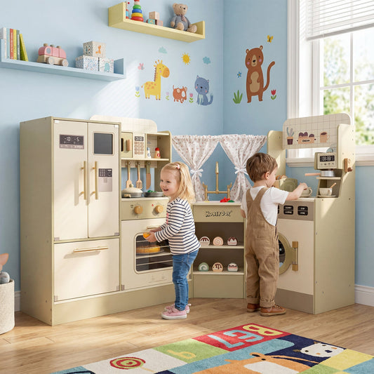 Kids Corner Play Kitchen with Faucet and Dishwasher and Stoves-Green