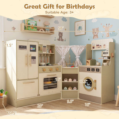 Kids Corner Play Kitchen with Faucet and Dishwasher and Stoves-Green