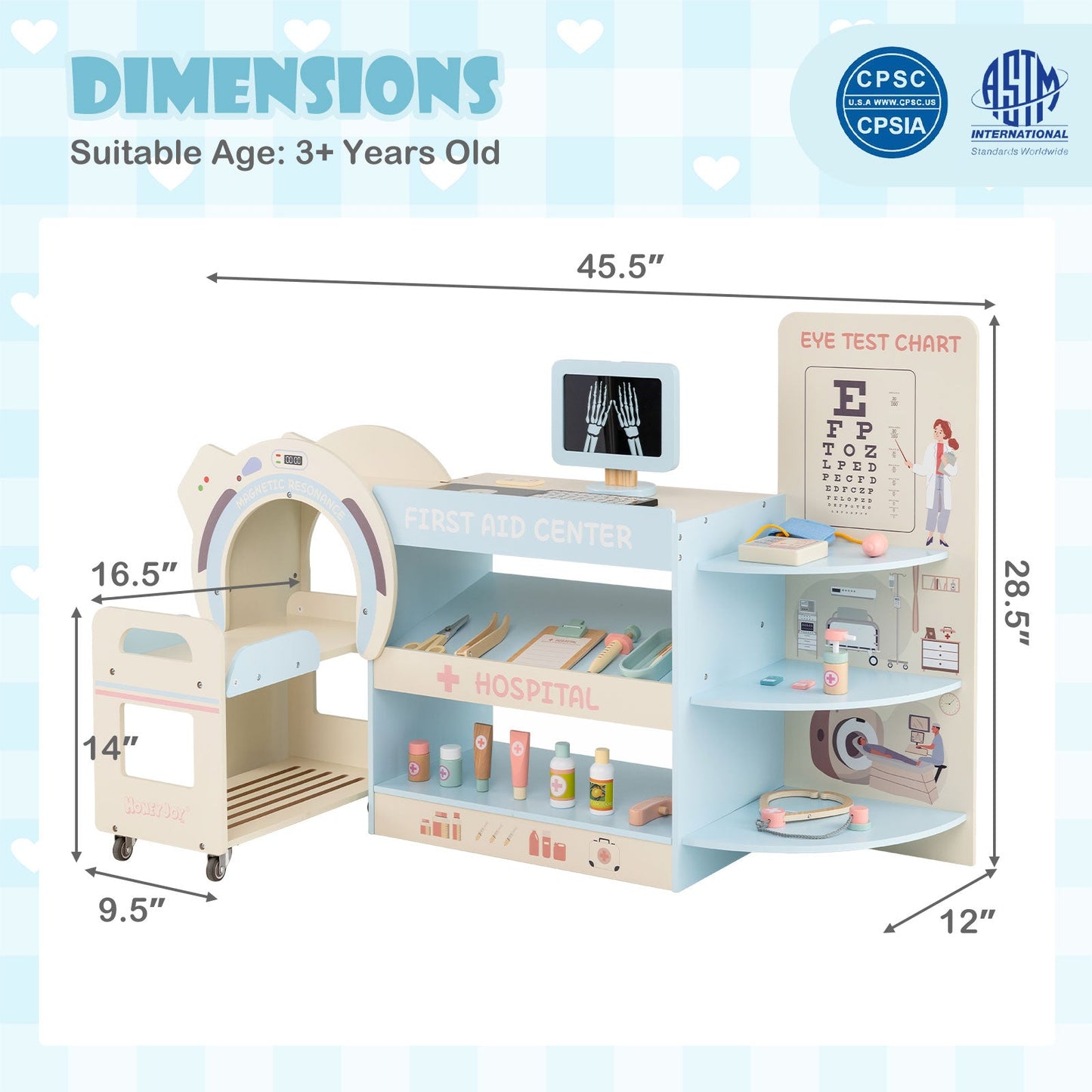 Kids Doctor Play Set Wooden Pretend Hospital Office Kit with Eye Chart Toy CT Machine