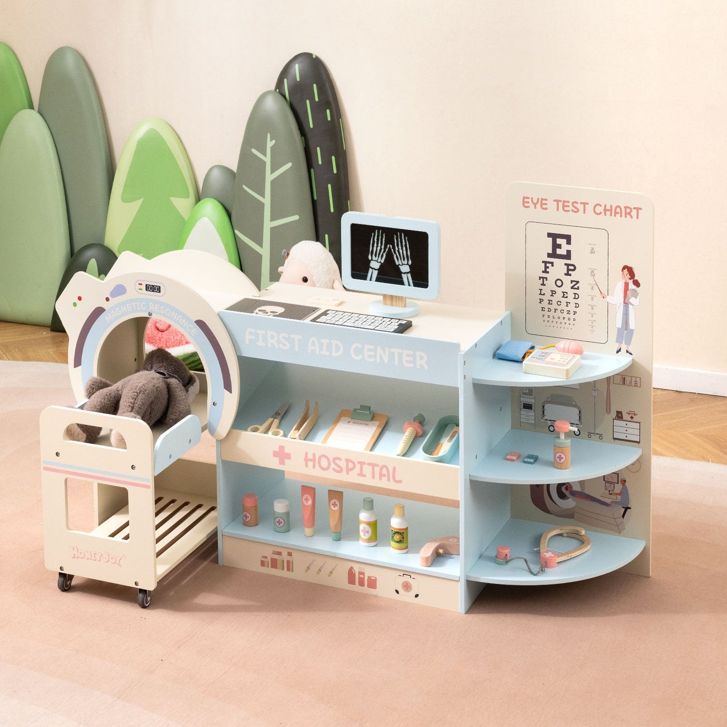 Kids Doctor Play Set Wooden Pretend Hospital Office Kit with Eye Chart Toy CT Machine