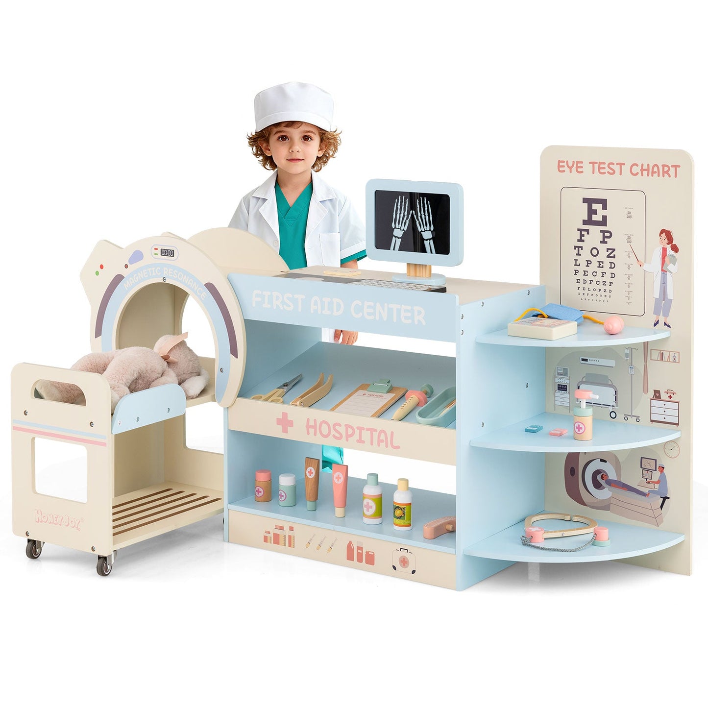Kids Doctor Play Set Wooden Pretend Hospital Office Kit with Eye Chart Toy CT Machine