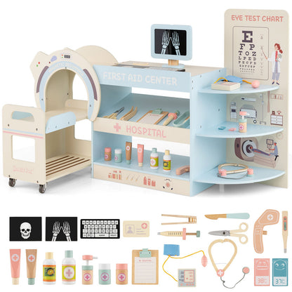 Kids Doctor Play Set Wooden Pretend Hospital Office Kit with Eye Chart Toy CT Machine