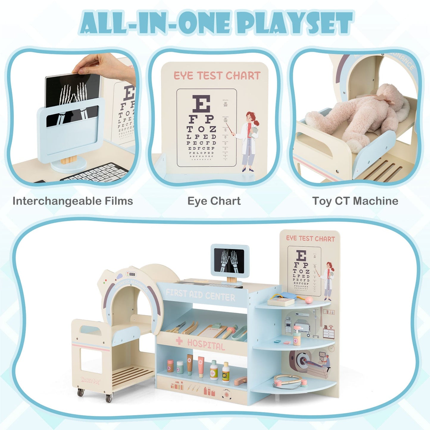 Kids Doctor Play Set Wooden Pretend Hospital Office Kit with Eye Chart Toy CT Machine