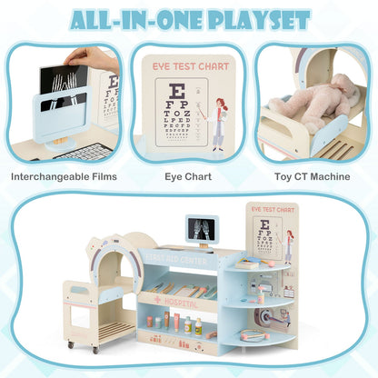 Kids Doctor Play Set Wooden Pretend Hospital Office Kit with Eye Chart Toy CT Machine