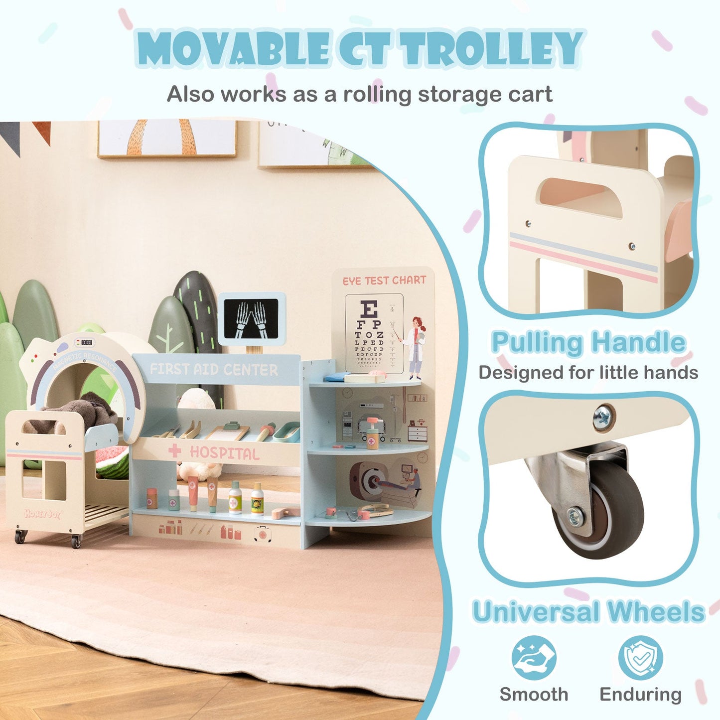 Kids Doctor Play Set Wooden Pretend Hospital Office Kit with Eye Chart Toy CT Machine
