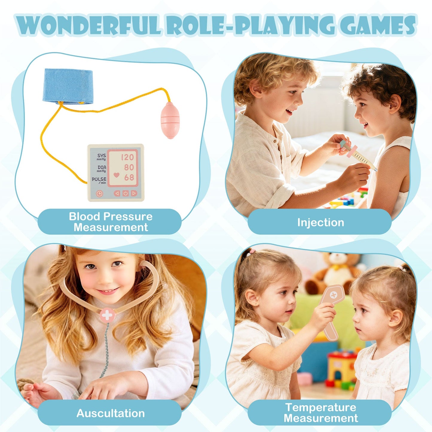 Kids Doctor Play Set Wooden Pretend Hospital Office Kit with Eye Chart Toy CT Machine