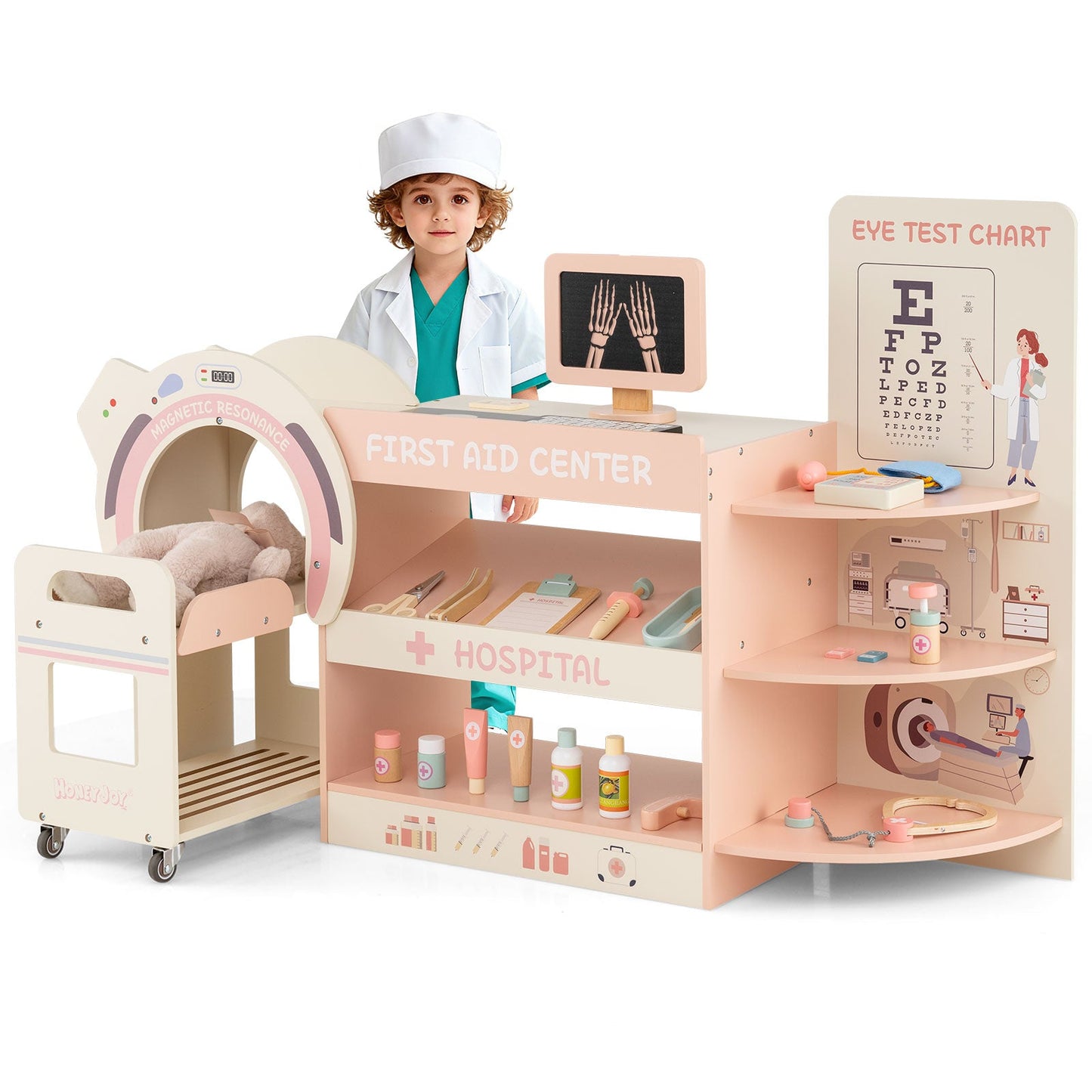 Kids Doctor Play Set Wooden Pretend Hospital Office Kit with Eye Chart Toy CT Machine