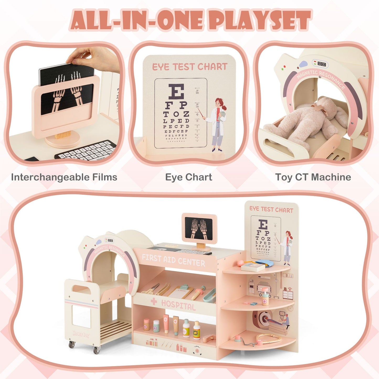 Kids Doctor Play Set Wooden Pretend Hospital Office Kit with Eye Chart Toy CT Machine
