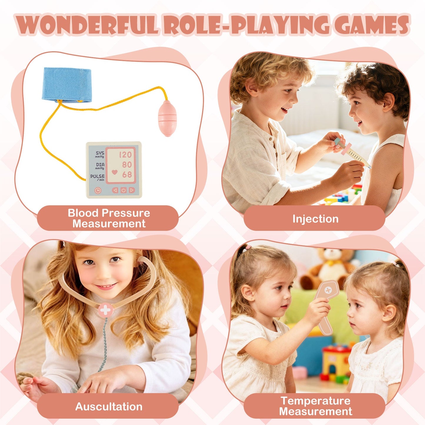 Kids Doctor Play Set Wooden Pretend Hospital Office Kit with Eye Chart Toy CT Machine