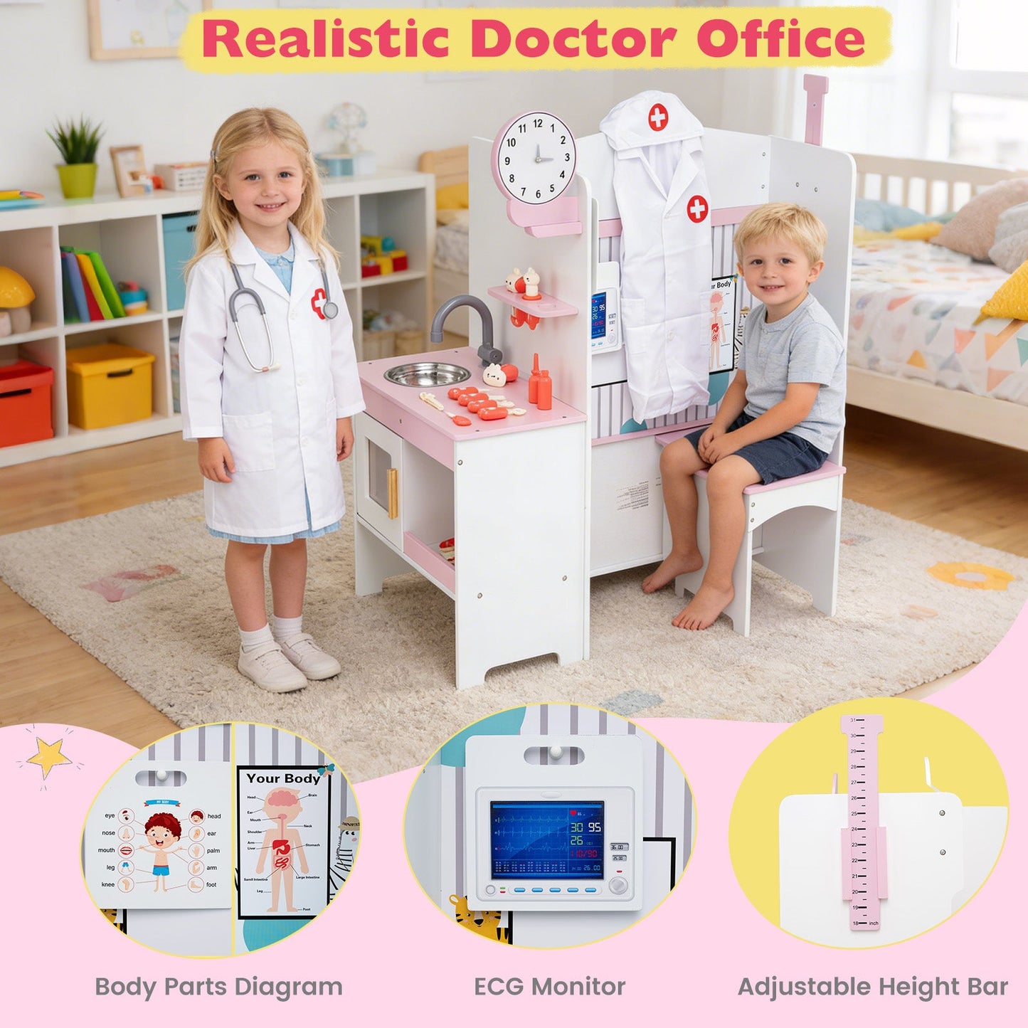 Kids Doctor Play Set with Adjustable Height Bar