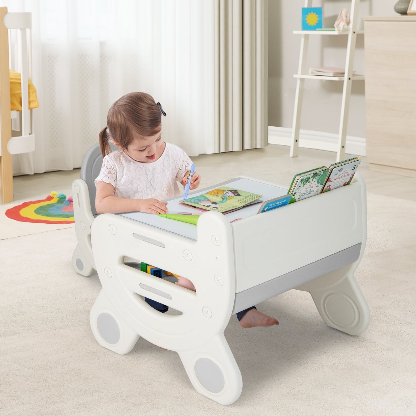 Kids Drawing Table and Chair Set with Watercolor Pens and Blackboard Eraser