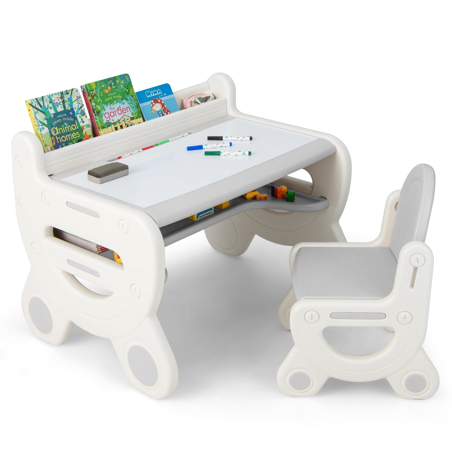 Kids Drawing Table and Chair Set with Watercolor Pens and Blackboard Eraser