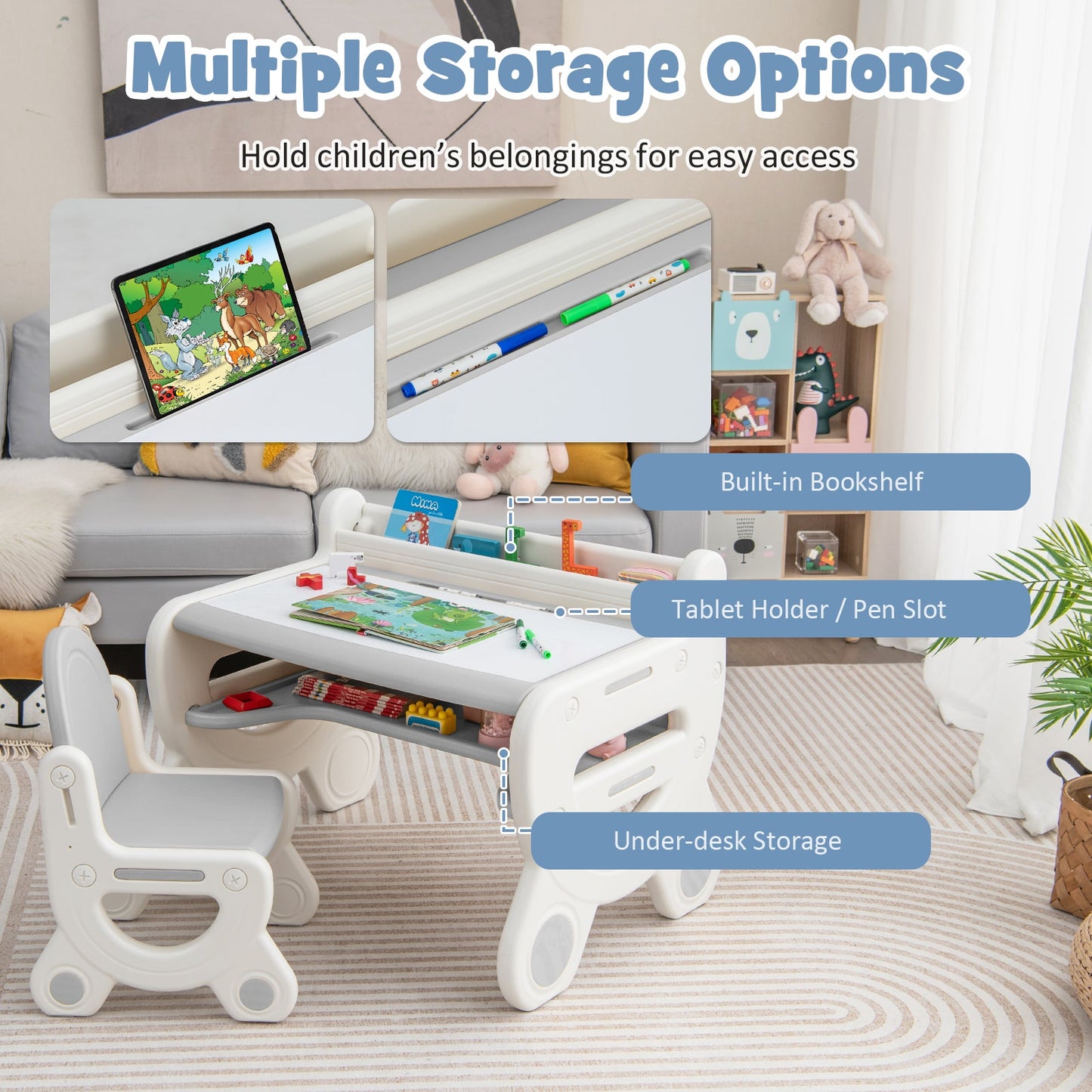 Kids Drawing Table and Chair Set with Watercolor Pens and Blackboard Eraser