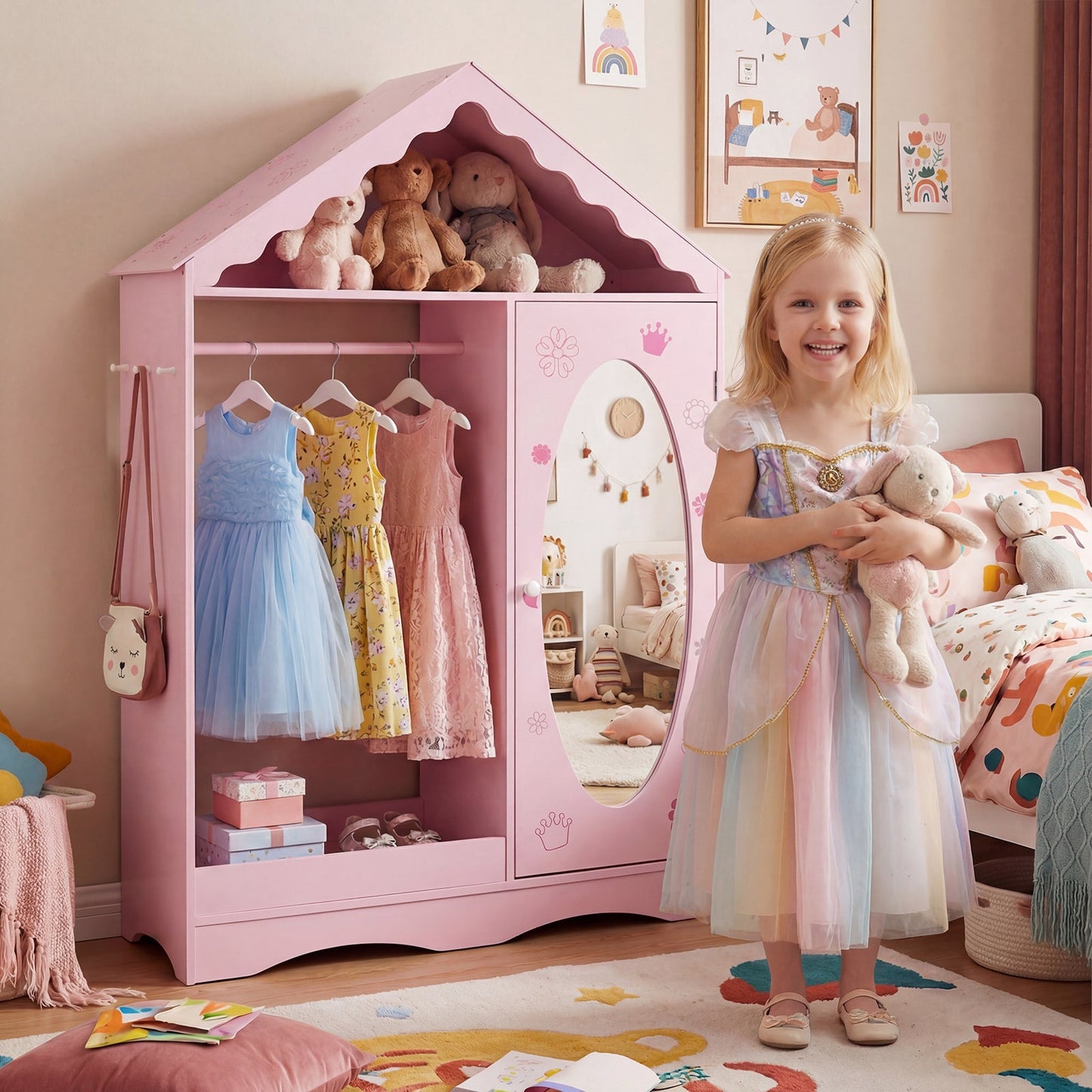 Kids Dress Up Storage with Mirror Roofed Wardrobe Closet with Open Hanging Rack