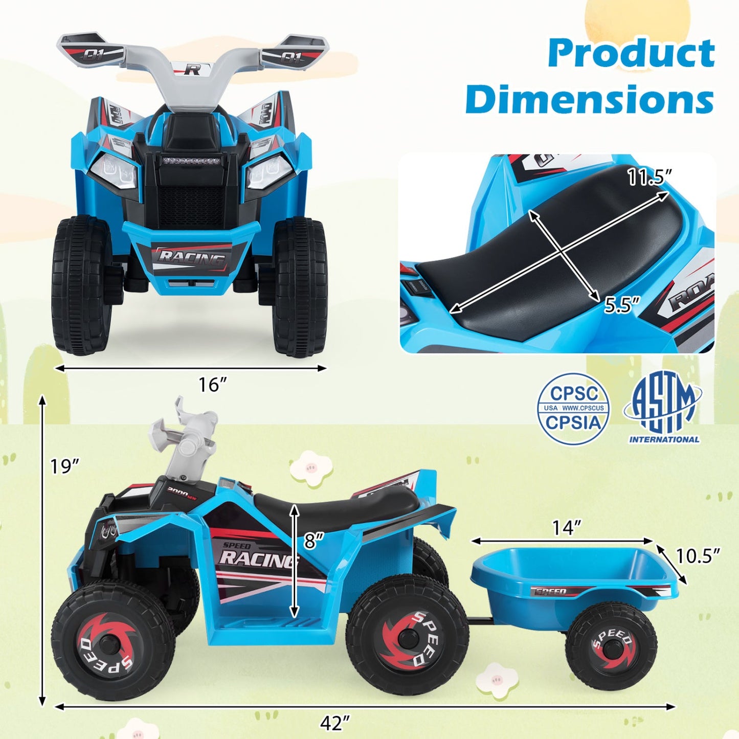6V Kids Electric ATV Quad Car with Detachable Trailer