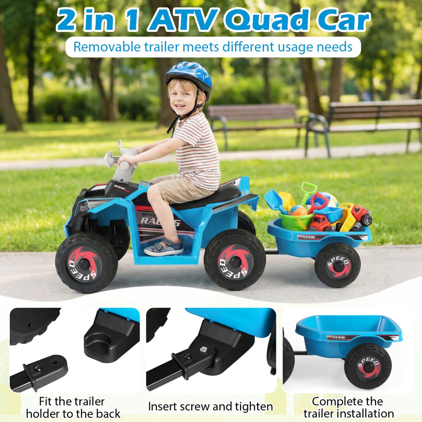 6V Kids Electric ATV Quad Car with Detachable Trailer