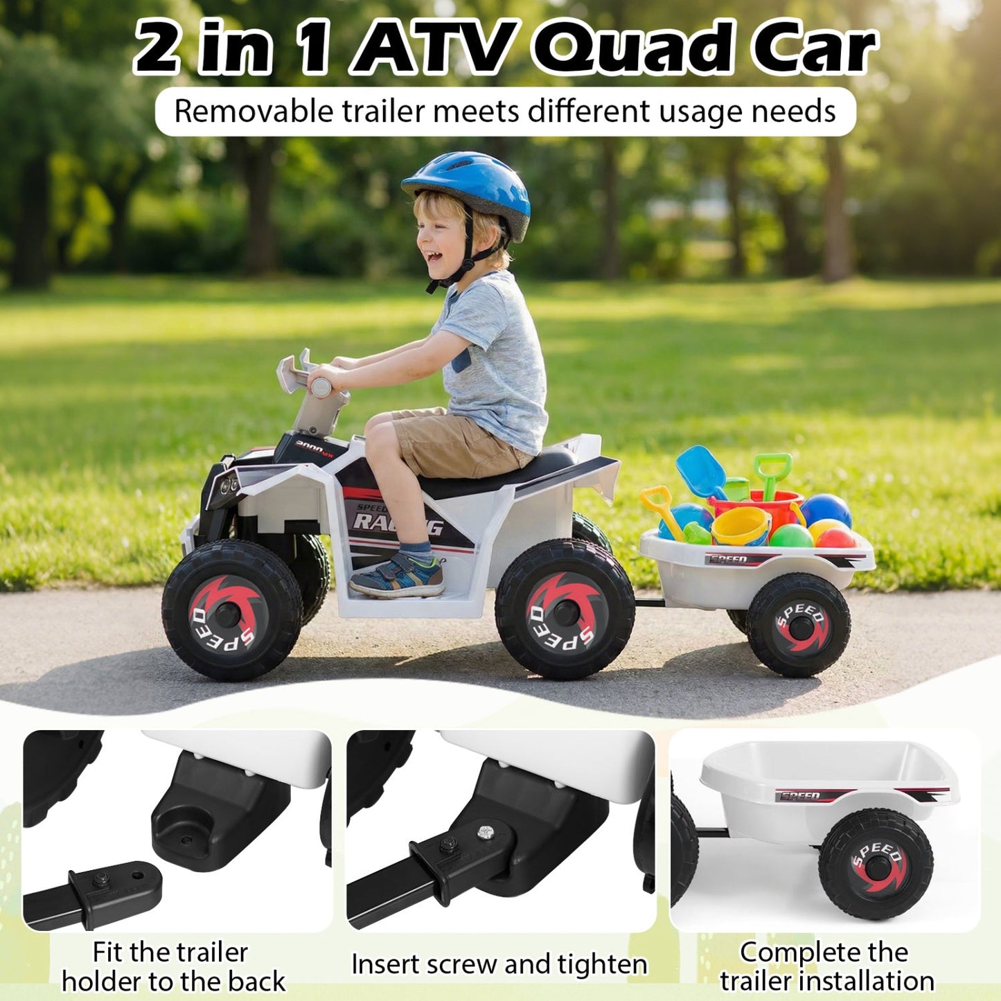 6V Kids Electric ATV Quad Car with Detachable Trailer