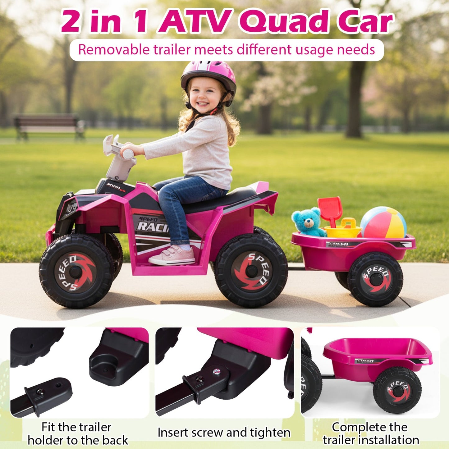 6V Kids Electric ATV Quad Car with Detachable Trailer