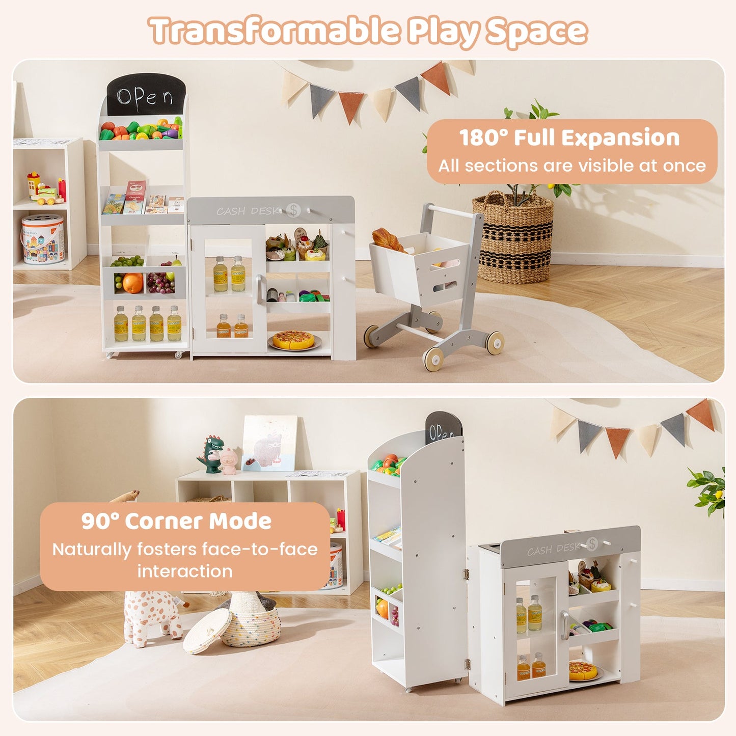 Kids Grocery Store Playset Convertible Wooden Play Store with Shopping Cart-White