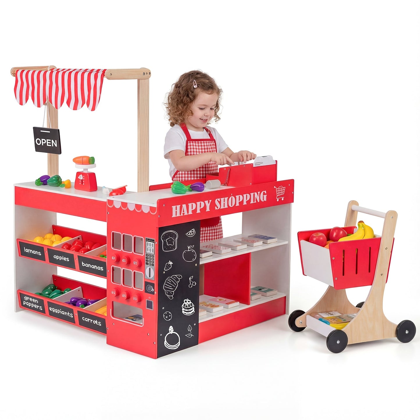 Kids Grocery Store Playset Wooden Pretend Play Supermarket with Shopping Cart