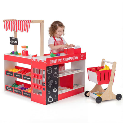 Kids Grocery Store Playset Wooden Pretend Play Supermarket with Shopping Cart