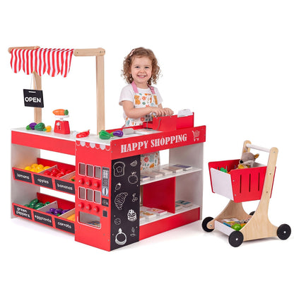 Kids Grocery Store Playset Wooden Pretend Play Supermarket with Shopping Cart