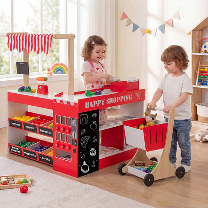 Kids Grocery Store Playset Wooden Pretend Play Supermarket with Shopping Cart