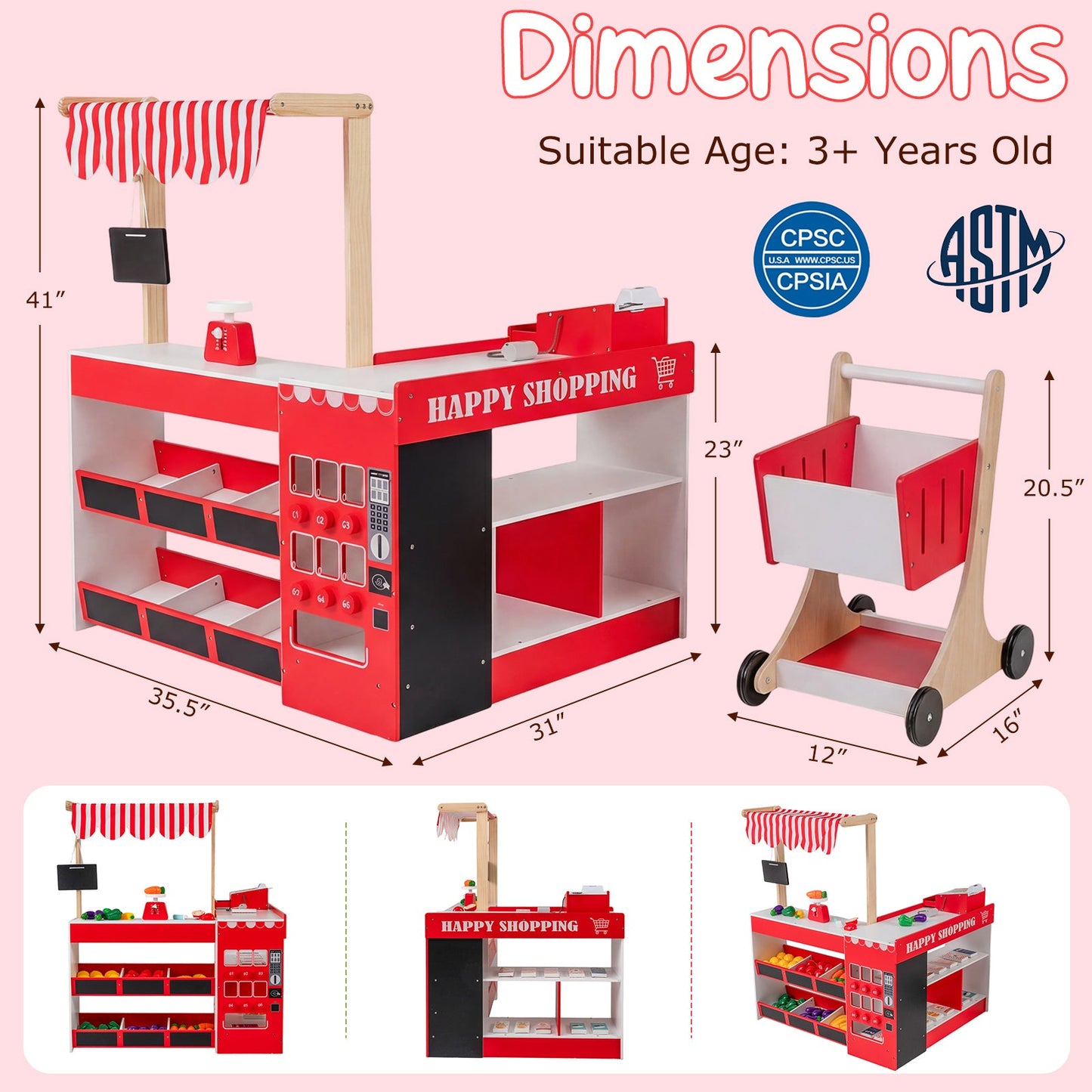 Kids Grocery Store Playset Wooden Pretend Play Supermarket with Shopping Cart