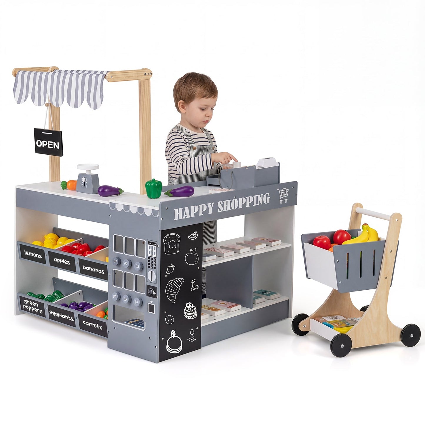 Kids Grocery Store Playset Wooden Pretend Play Supermarket with Shopping Cart