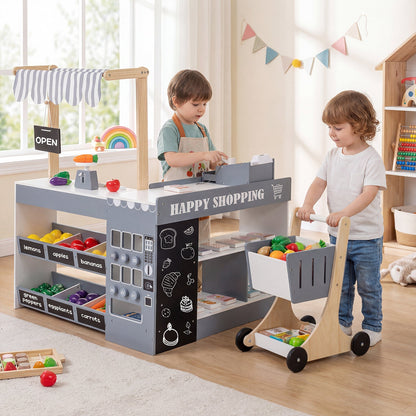 Kids Grocery Store Playset Wooden Pretend Play Supermarket with Shopping Cart