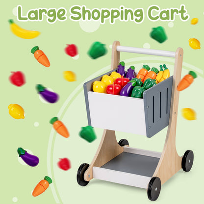 Kids Grocery Store Playset Wooden Pretend Play Supermarket with Shopping Cart
