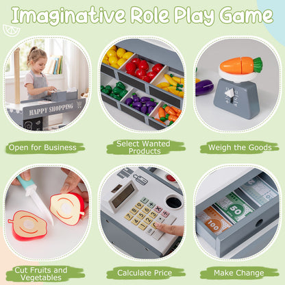 Kids Grocery Store Playset Wooden Pretend Play Supermarket with Shopping Cart