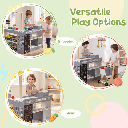 Kids Grocery Store Playset Wooden Pretend Play Supermarket with Shopping Cart