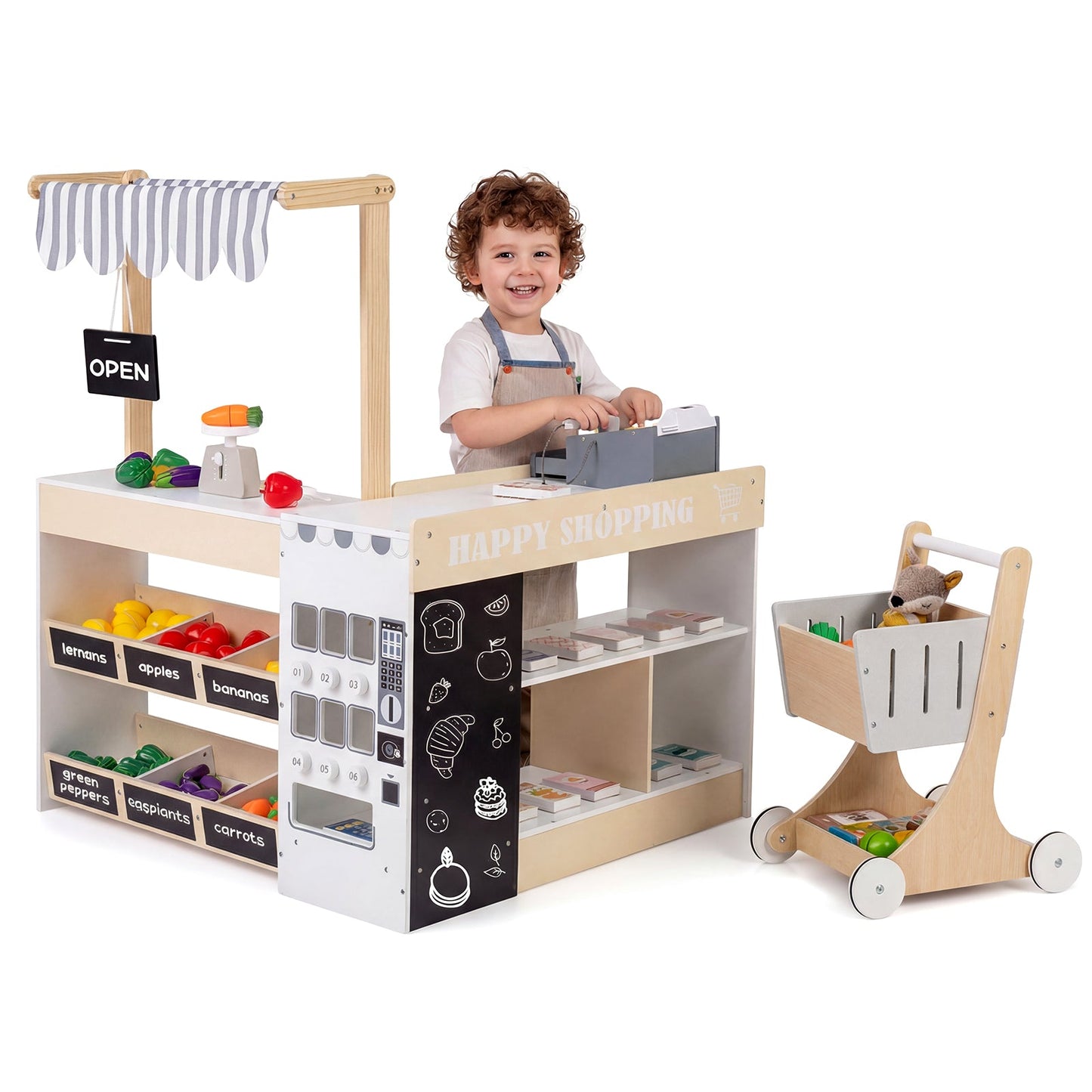 Kids Grocery Store Playset Wooden Pretend Play Supermarket with Shopping Cart