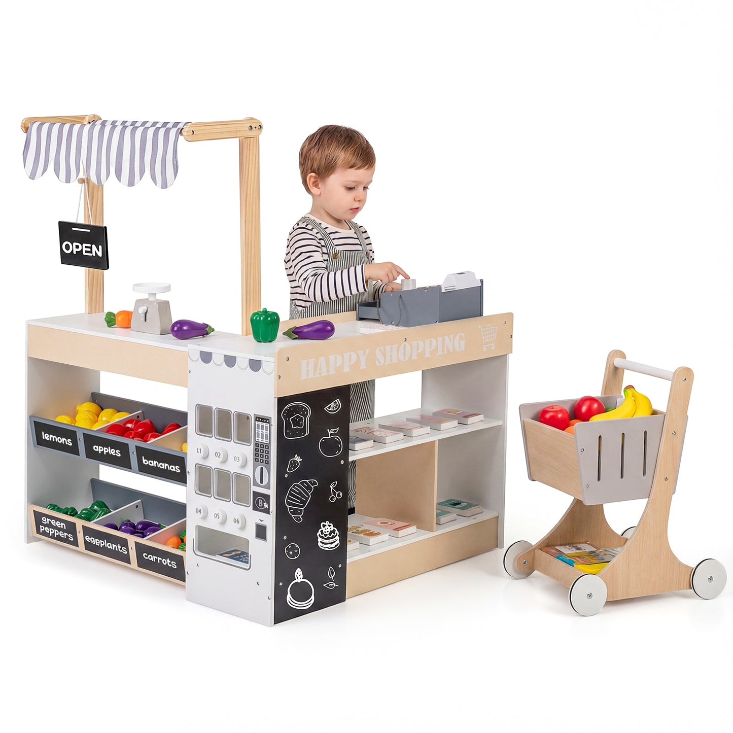 Kids Grocery Store Playset Wooden Pretend Play Supermarket with Shopping Cart