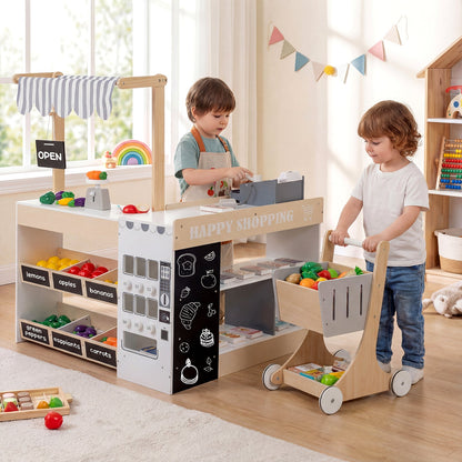 Kids Grocery Store Playset Wooden Pretend Play Supermarket with Shopping Cart