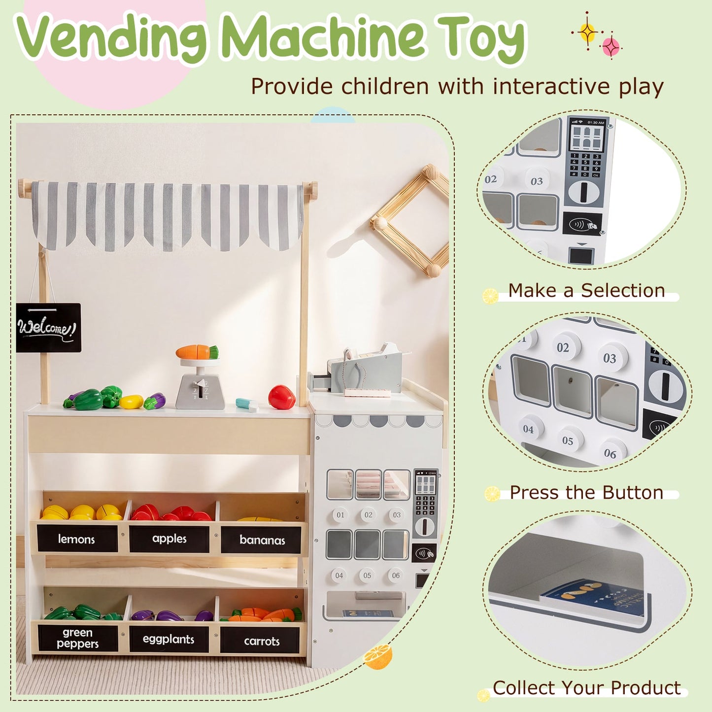 Kids Grocery Store Playset Wooden Pretend Play Supermarket with Shopping Cart