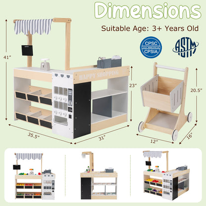Kids Grocery Store Playset Wooden Pretend Play Supermarket with Shopping Cart