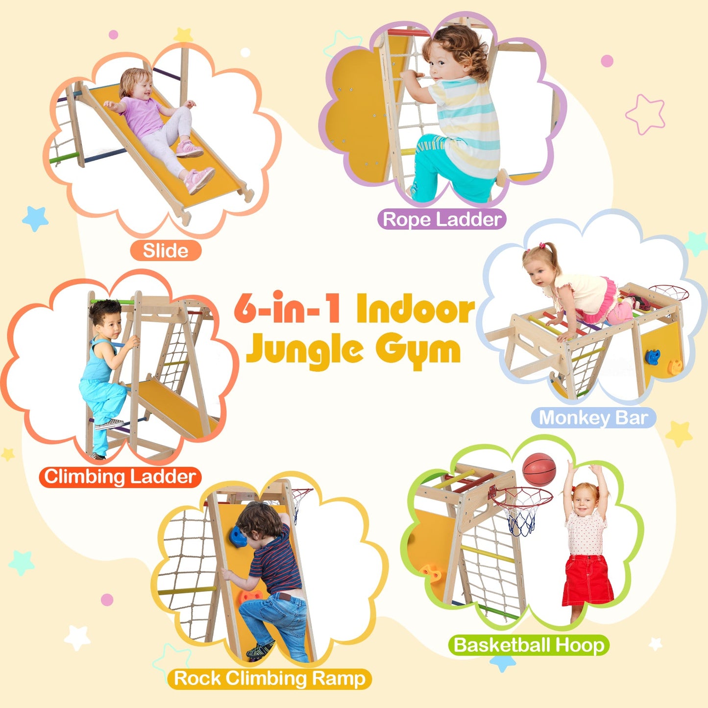 Kids Indoor Playground 6-in-1 Jungle Gym for 3-14 Years Olds